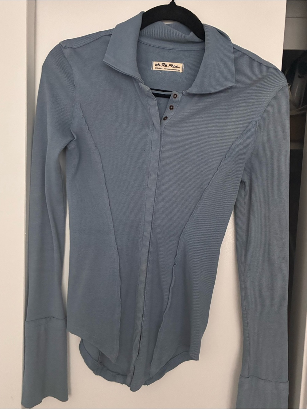 We The Free Ribbed Button-Front Long Sleeve Shirt in Dusty Blue